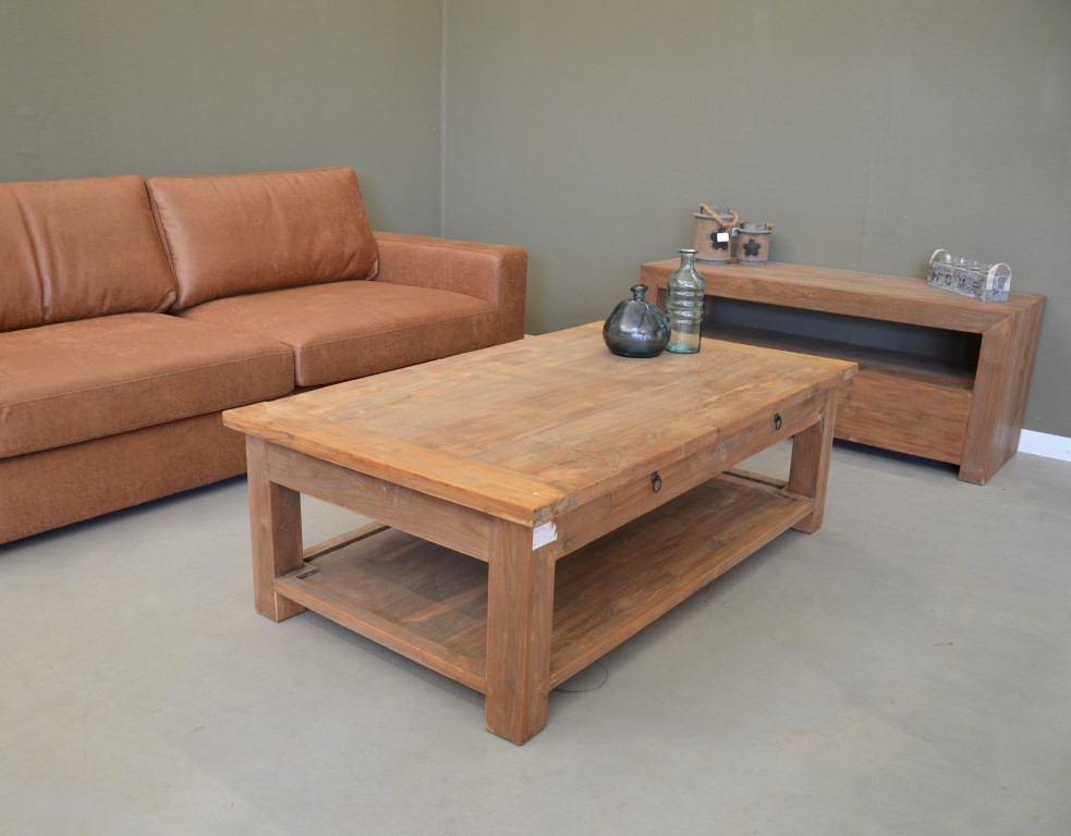 Teak houten salontafel met 2 lades en onderplank – Story Landelijk
