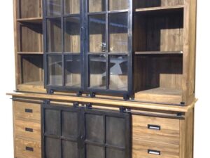 Teak vitrinekast met metalen deuren 200 cm