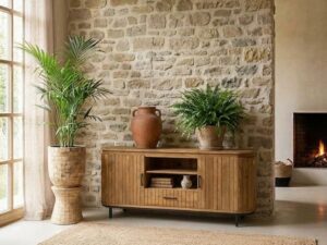 Teak dressoir ronde kanten 180 cm geborsteld